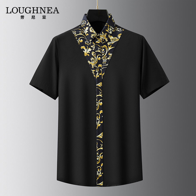 LOUGHNEA轻奢品牌宫廷风黑色衬衫男士短袖夏季高级感薄款修身衬衣