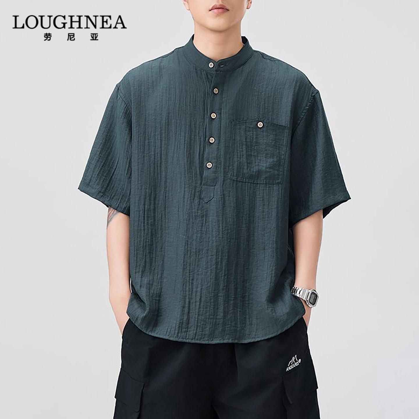 LOUGHNEA高端蓝灰色棉麻立领衬衫男士短袖夏季薄款透气新中式衬衣