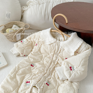 ins韩版 女宝宝洋气樱桃翻领夹棉衣服婴幼儿秋冬加绒连体衣外出服