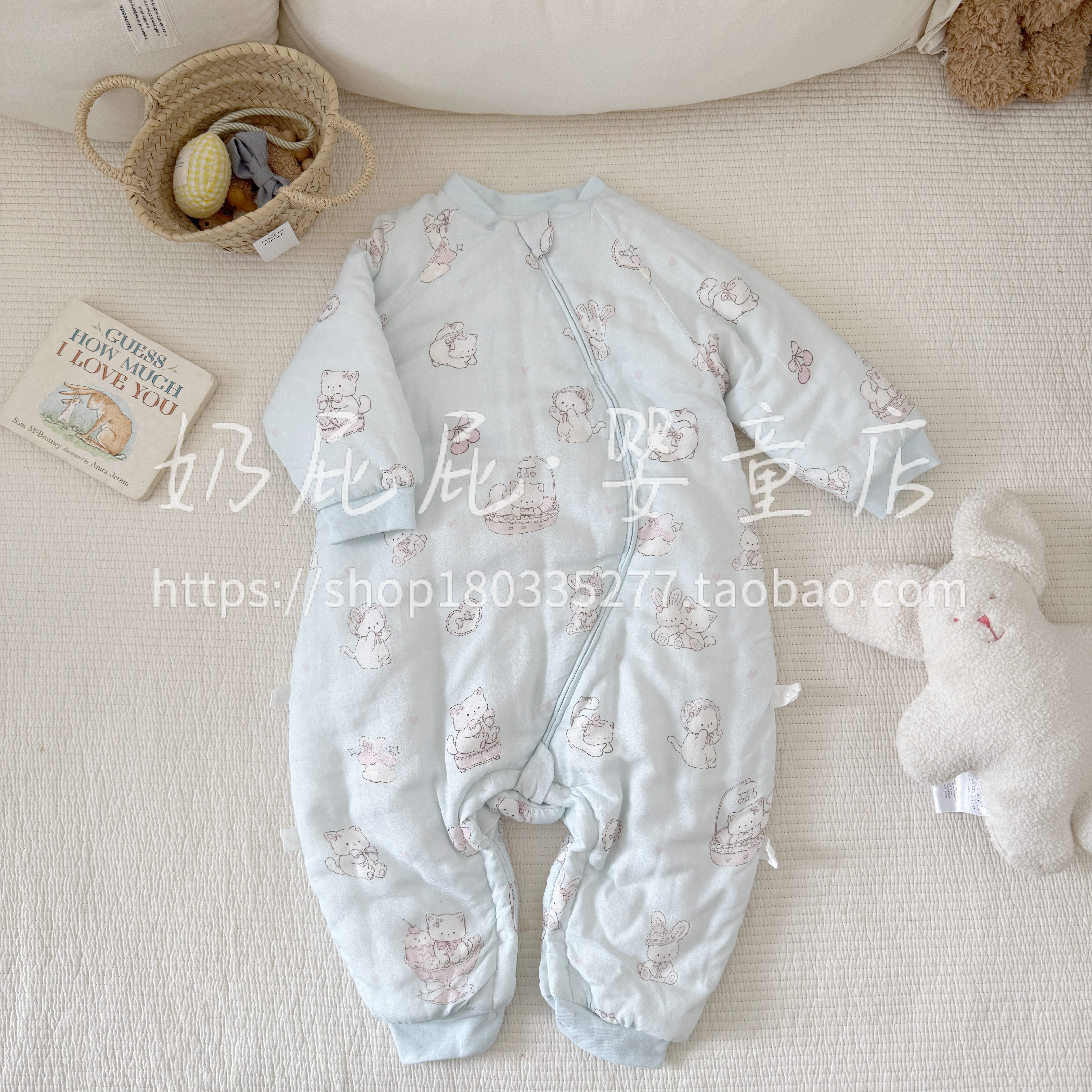 软糯夹棉连身衣婴幼儿保暖护肚卡通印花爬服睡袋新生儿竹纤维