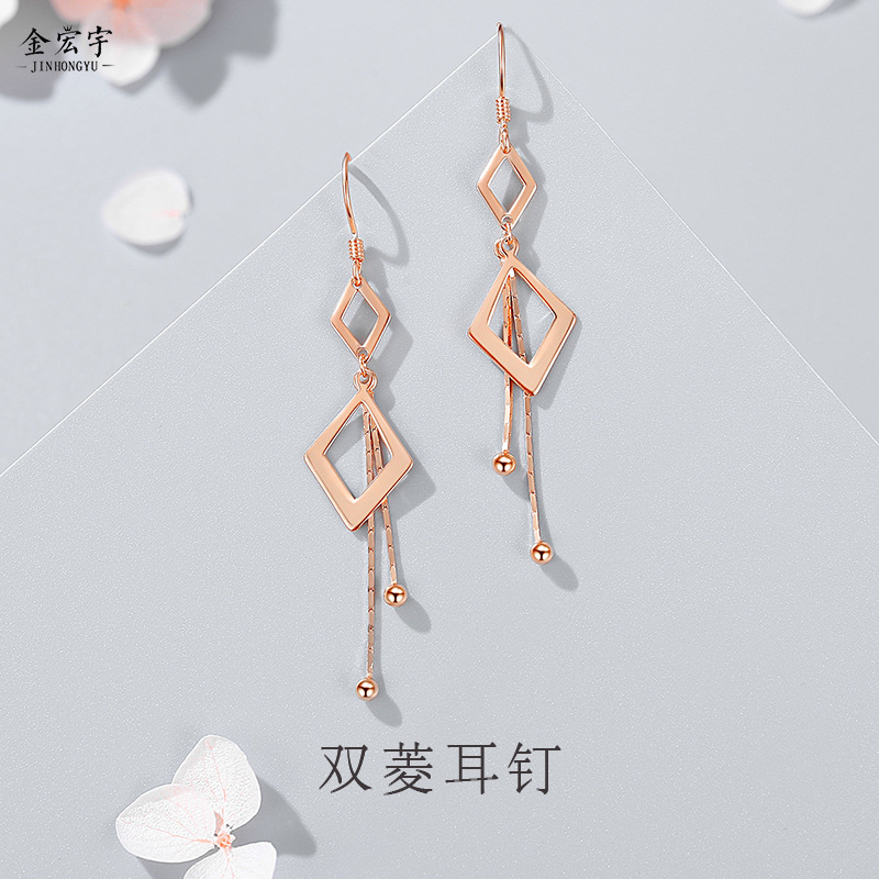 s925纯银长款菱形耳坠女韩版个性几何流苏耳环圆脸显