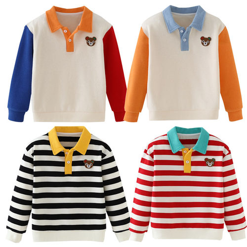 日系童装MK新款春秋薄棉男女宝宝卡通熊兔Polo领卫衣长袖弹力T恤