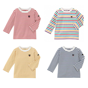 日系童装春秋款男童纯棉色织条文长袖T恤女童薄款卡通印花打底衫