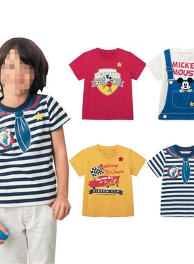 日系新款千趣童装圆领纯棉男童卡通迪家米老鼠半袖女宝薄短袖上衣