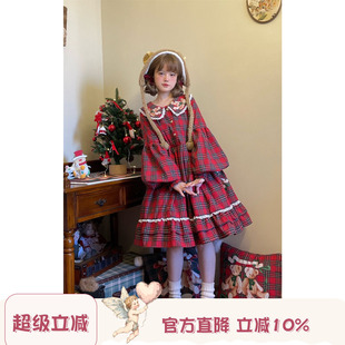 Labeau-babybear-圣诞特辑 娃娃领格纹连衣裙女红色高腰可爱裙子