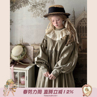 连衣裙高腰显瘦长袖 复古宫廷风压褶花边领泡泡袖 裙子 秋日 Labeau