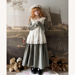 格子连衣裙两件套 背心长袖 Labeau 荷叶边圆领提花蕾丝无袖