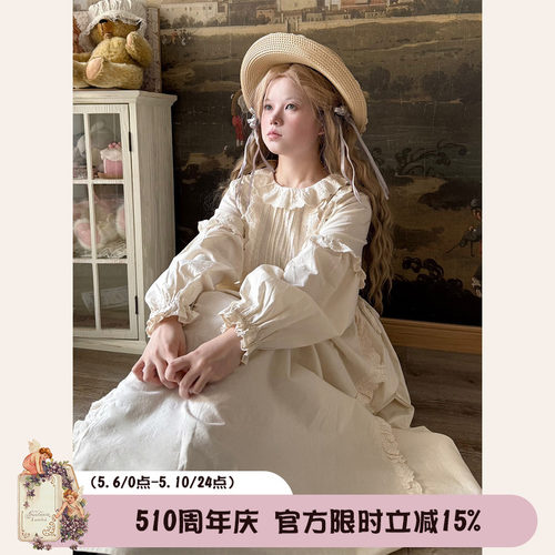Labeau-岛-复古甜美镂空刺绣风琴褶泡泡袖连衣裙早春宽松高腰裙子