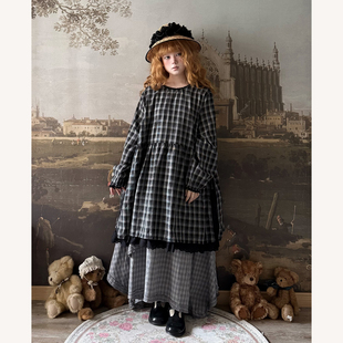 裙子 侧开叉宽松长袖 Labeau 复古甜美蕾丝花边格子连衣裙女春季