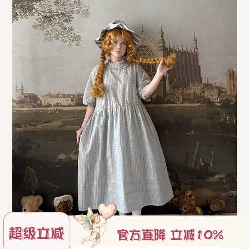 Labeau-无尽夏-复古可爱双层花边领泡泡袖细格子连衣裙夏高腰裙子