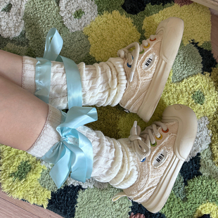 Labeau 缎带麻花纹针织袜套日系软糯腿套女春秋保暖腿套中筒袜