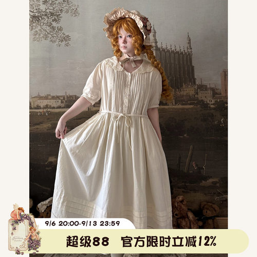 Labeau-无尽夏-复古甜美钩花娃娃领风琴褶连衣裙女泡泡袖高腰裙子