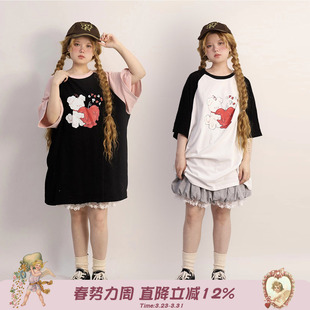 印花短袖 labeau 中长款 插肩袖 T恤女夏宽松显瘦休闲连衣裙 奶油兔