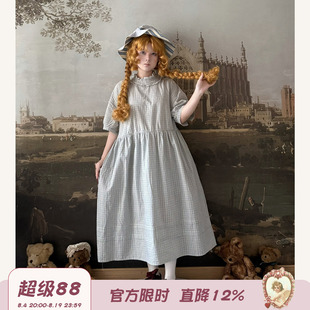 Labeau-无尽夏-复古可爱双层花边领泡泡袖细格子连衣裙夏高腰裙子