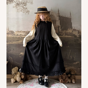 高腰宽松连衣裙 黑色背心裙女春季 Labeau 甜美木耳花边小圆领无袖