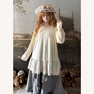 宽松套头T恤 衬衫 Labeau 甜美可爱蕾丝花边圆领衬衣女双层下摆长袖