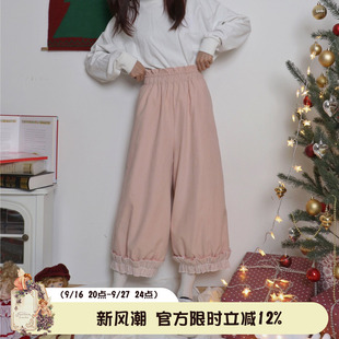 Labeau-风信子-日系软妹磨毛灯芯绒九分休闲裤蕾丝花边阔腿裤女
