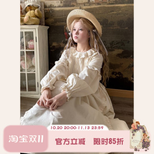 Labeau-岛-复古甜美镂空刺绣风琴褶泡泡袖连衣裙早春宽松高腰裙子