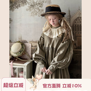 Labeau-秋日-复古宫廷风压褶花边领泡泡袖连衣裙高腰显瘦长袖裙子