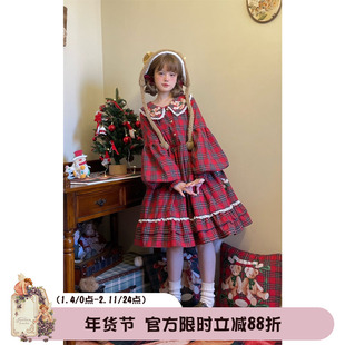 Labeau-babybear-圣诞特辑 娃娃领格纹连衣裙女红色高腰可爱裙子