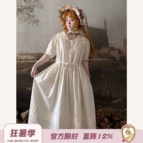 Labeau-无尽夏-复古甜美钩花娃娃领风琴褶连衣裙女泡泡袖高腰裙子