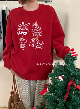 【RaRa家】卡通印花加绒圆领卫衣女2025新款秋冬圆领红色上衣女