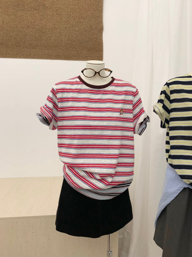 oneseven经典刺绣条纹T恤夏季女宽松百搭圆领短袖复古打底衫上衣