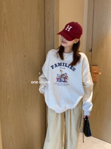 oneseven2023秋冬新款韩版宽松字母卡通印花减龄婴儿绒圆领卫衣女