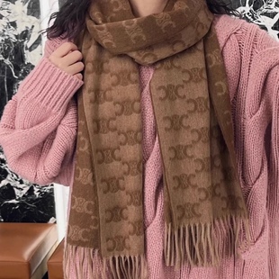 凯旋门老花秋冬新款双面羊绒毛围巾女经典老花流苏印花披肩围脖