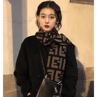 经典气质百搭 老花围巾女士秋冬百搭配大衣加厚保暖黑色羊绒毛