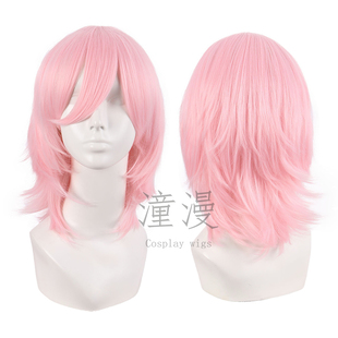 潼漫cos假发女短发万用假发粉白色40CM加长反翘狼尾全头套假毛