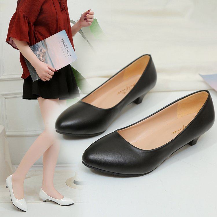 3cm低跟圆头高跟鞋女黑色软皮舒适不累脚百搭学生礼仪职场工作鞋