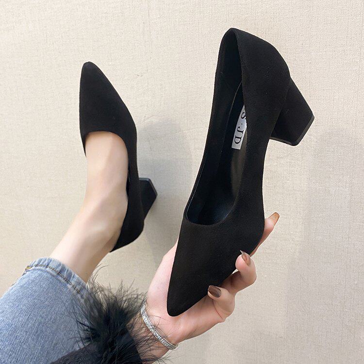 黑色高跟鞋女职业不累脚粗跟3cm尖头礼仪大码职场上班学生舒适单