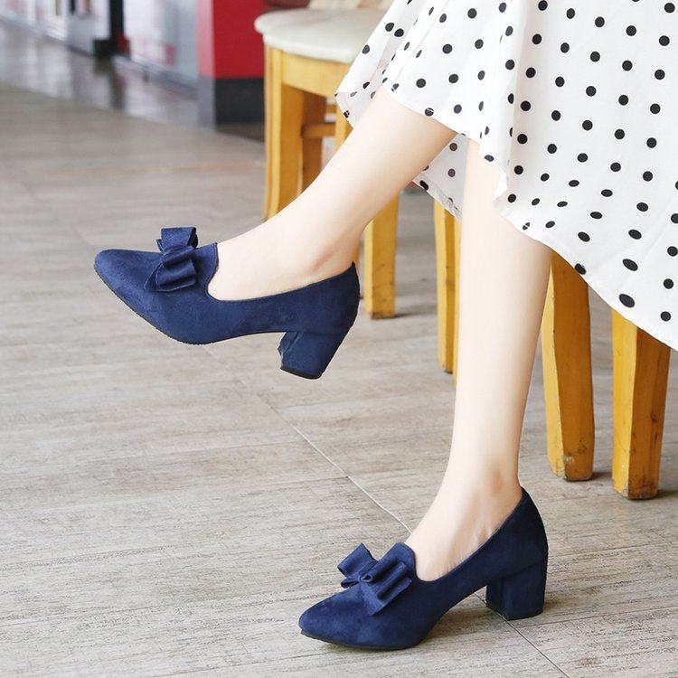 2025新款春秋尖头蓝色高跟鞋女蝴蝶结5cm粗跟绒面气质浅口工作鞋