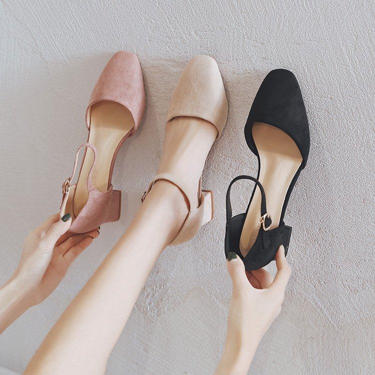 一字扣高跟鞋女粗跟低跟3cm方头绒面不累脚百搭职业小清新凉鞋女