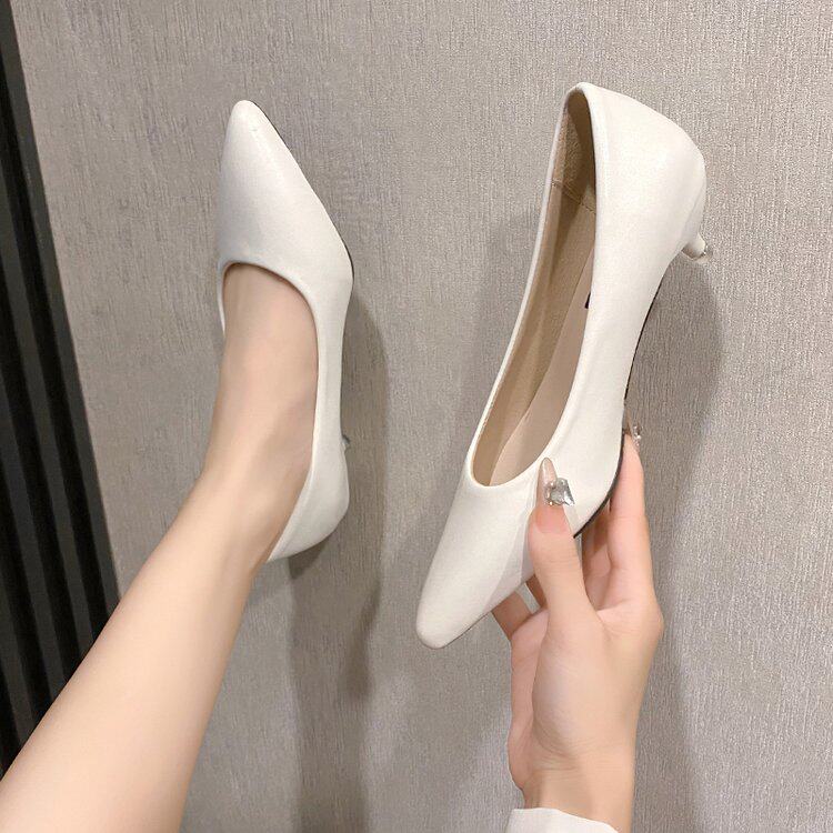 白色高跟鞋女软皮细跟尖头5厘米中跟不累脚黑色礼仪浅口面试工作