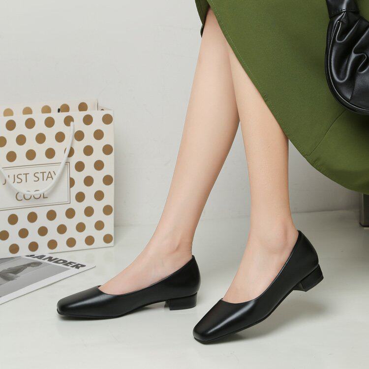 黑色方头粗跟高跟鞋女低跟2cm软皮舒适不累脚上班百搭工作鞋礼仪