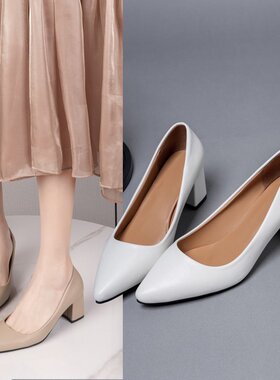 白色软皮尖头高跟鞋女低跟粗跟3cm大码学生浅口上班工作鞋职业单