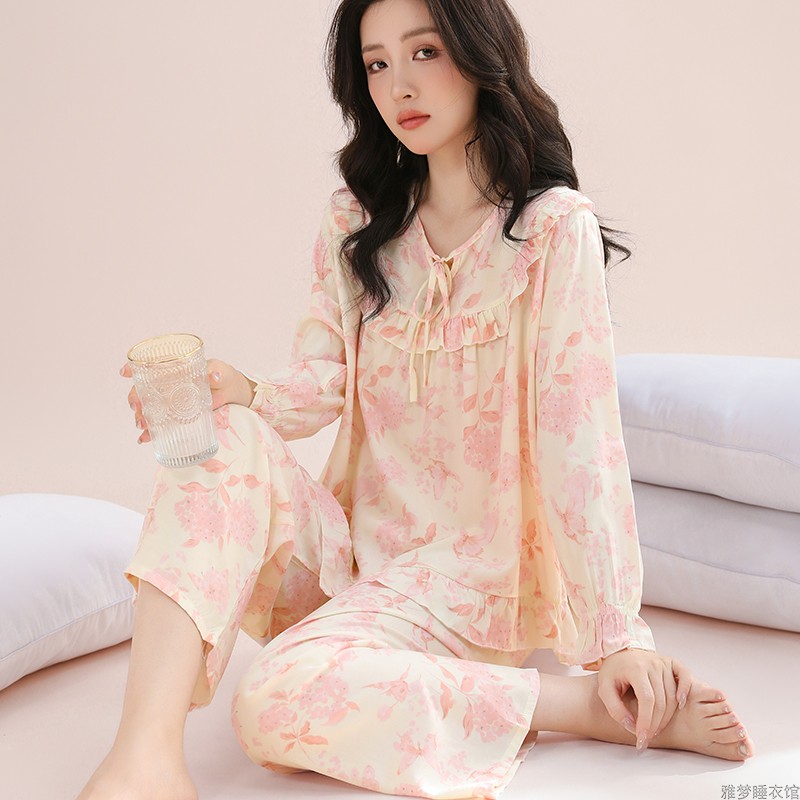 睡衣女夏季长袖纯棉棉绸时尚女装薄款空调服透气健康款家居服套装