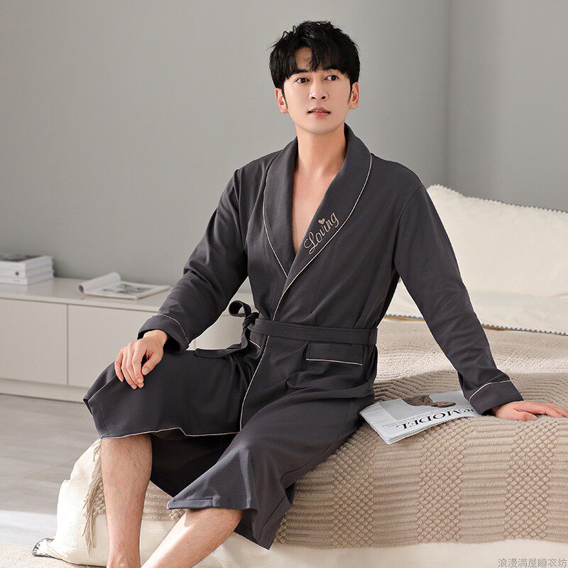 时尚睡衣男春秋纯棉睡袍中长款浴衣浴袍韩版可外穿休闲宽松家居服