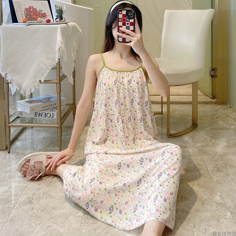 吊带睡裙女可外穿睡衣女夏季纯棉绸薄款性感宽松连衣裙甜美家居服