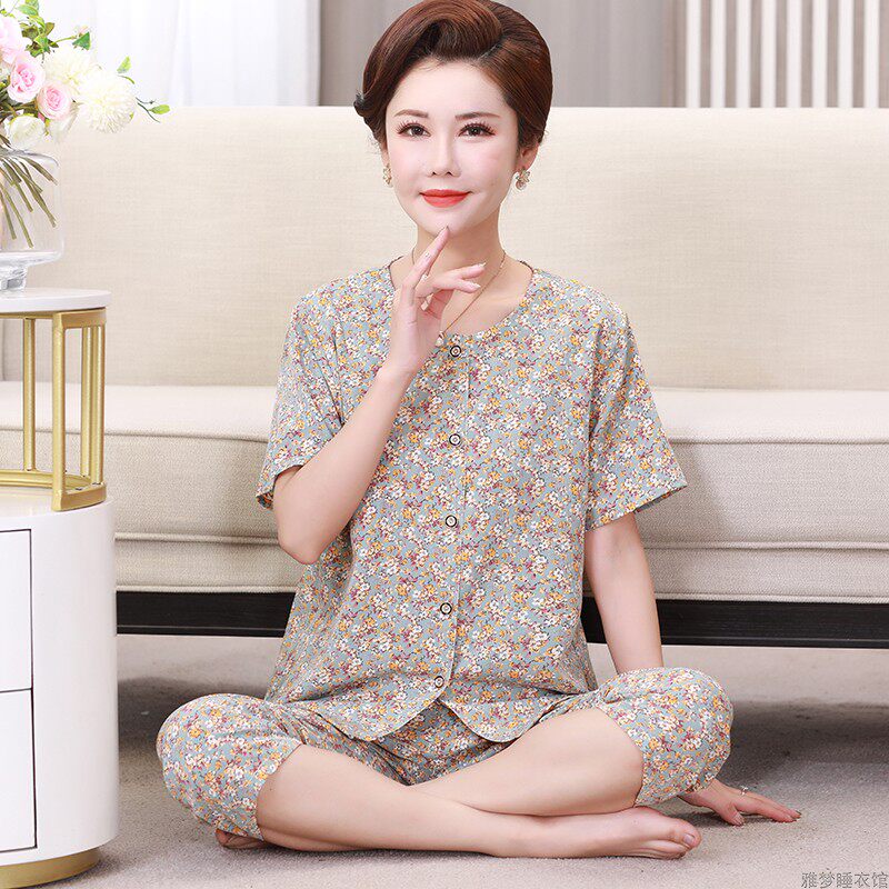 中老年睡衣女夏冰丝冰绸短袖高贵妈妈装开衫薄款可外穿家居服套装