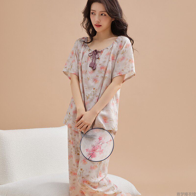 睡衣女夏季纯棉绵绸短袖薄款民族风时尚性感女装可外穿家居服套装