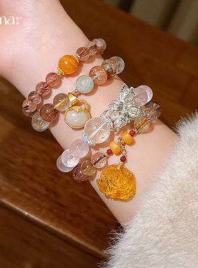 S925银晕染发晶圆球蜜蜡手链新中式复古时尚手串小众高级感手饰