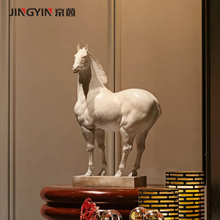仿玉石骏马雕塑新中式玄关书桌茶室软装饰品公司马到成功祝福摆设