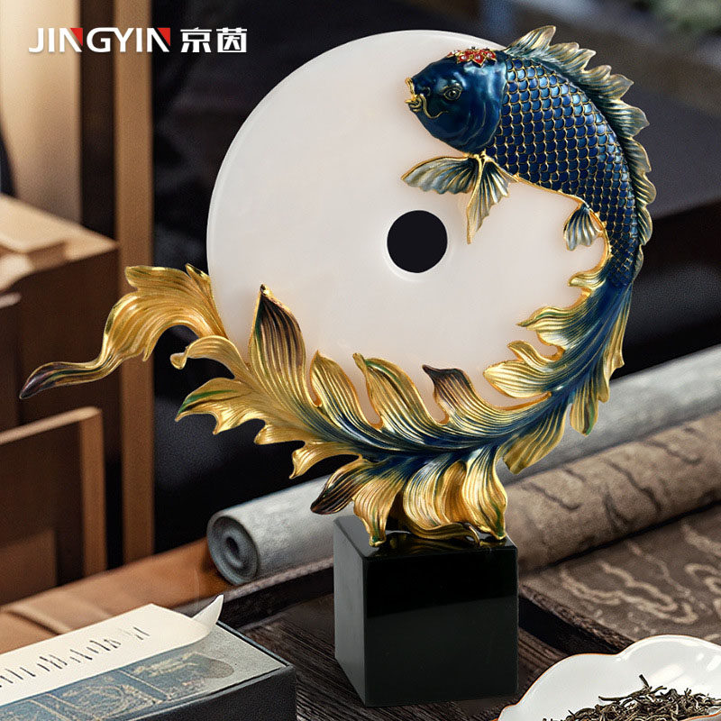 鱼摆件年年有余锦鲤客厅酒柜玄关装饰品乔迁新居寓意好平安扣玉石