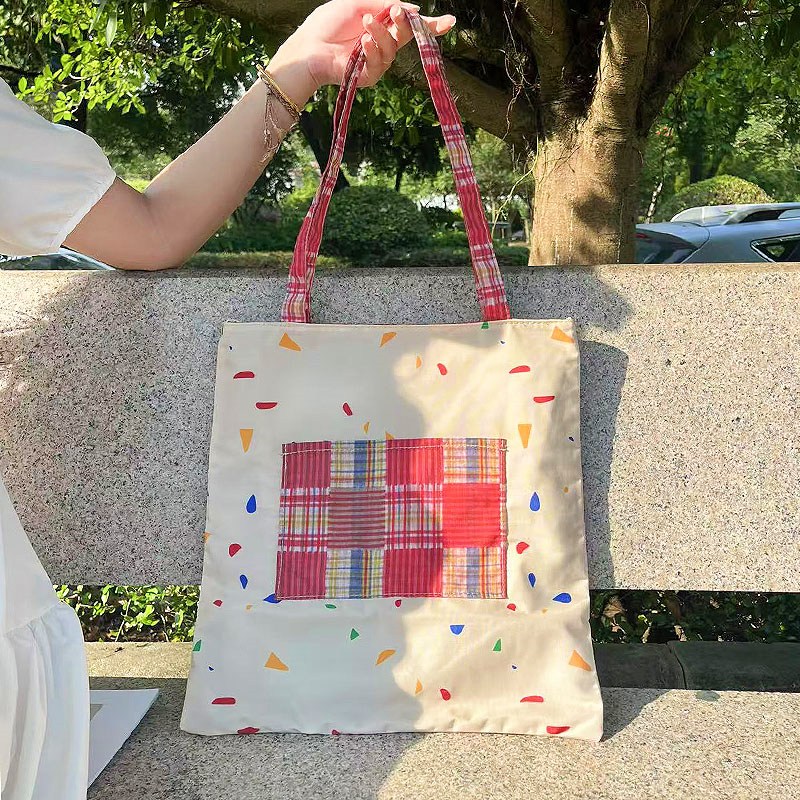 韩系糖果色格纹拼接大容量布包2025新款斜挎帆布包可爱休闲单肩包