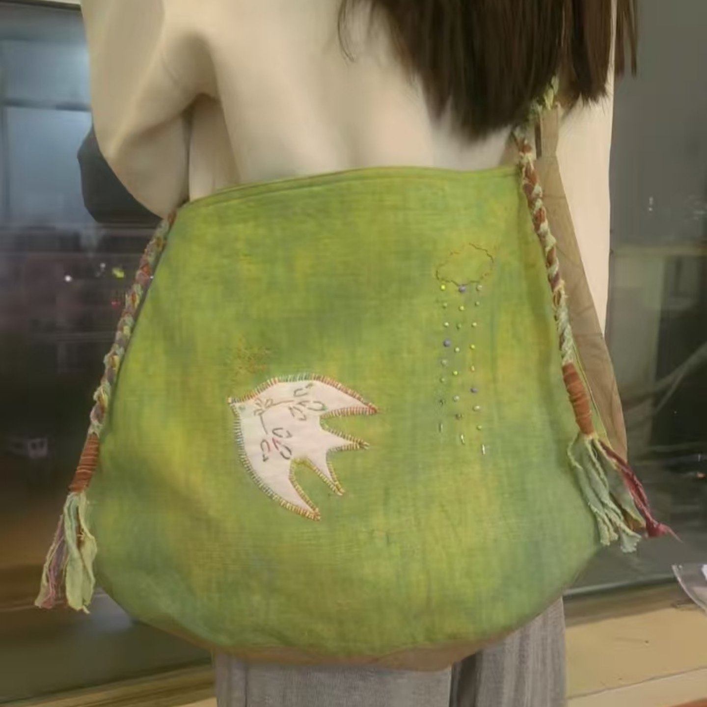 2025新款复古文艺百搭扎染绿色双面飞鸟刺绣帆布包单肩斜挎通勤包