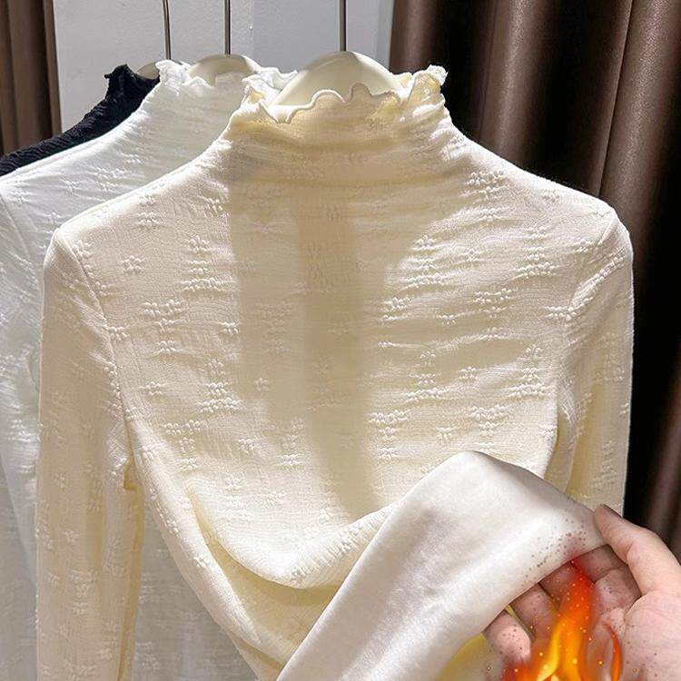 半高领蕾丝打底衫女内搭皮草秋冬中领花边领加绒加厚保暖网纱上衣