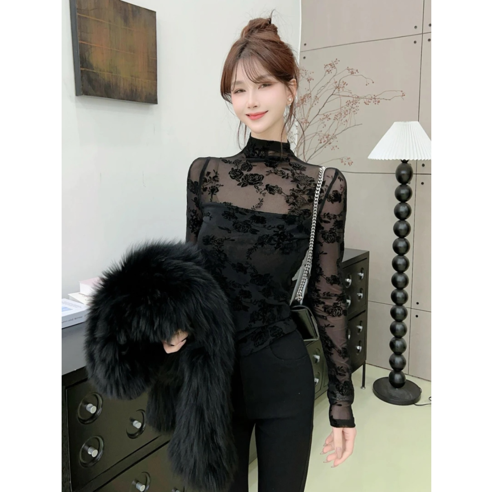 卡卡家女装官方正品半高领轻熟立体蕾丝衫透视性感上衣加绒打底衫